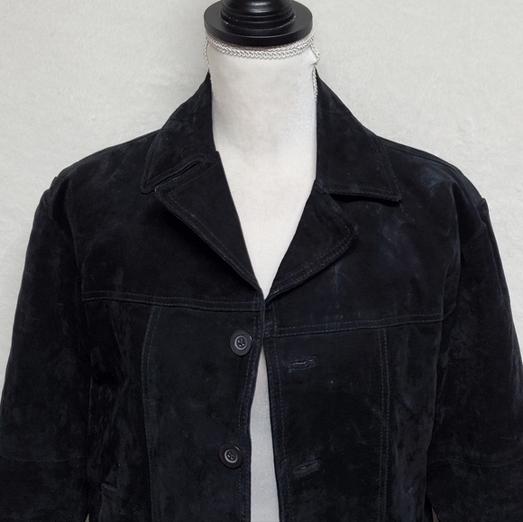VINTAGE 90s Gasoline Black Suede Leather Quilted Filled Cropped Biker Jacket S - Picture 5 of 13